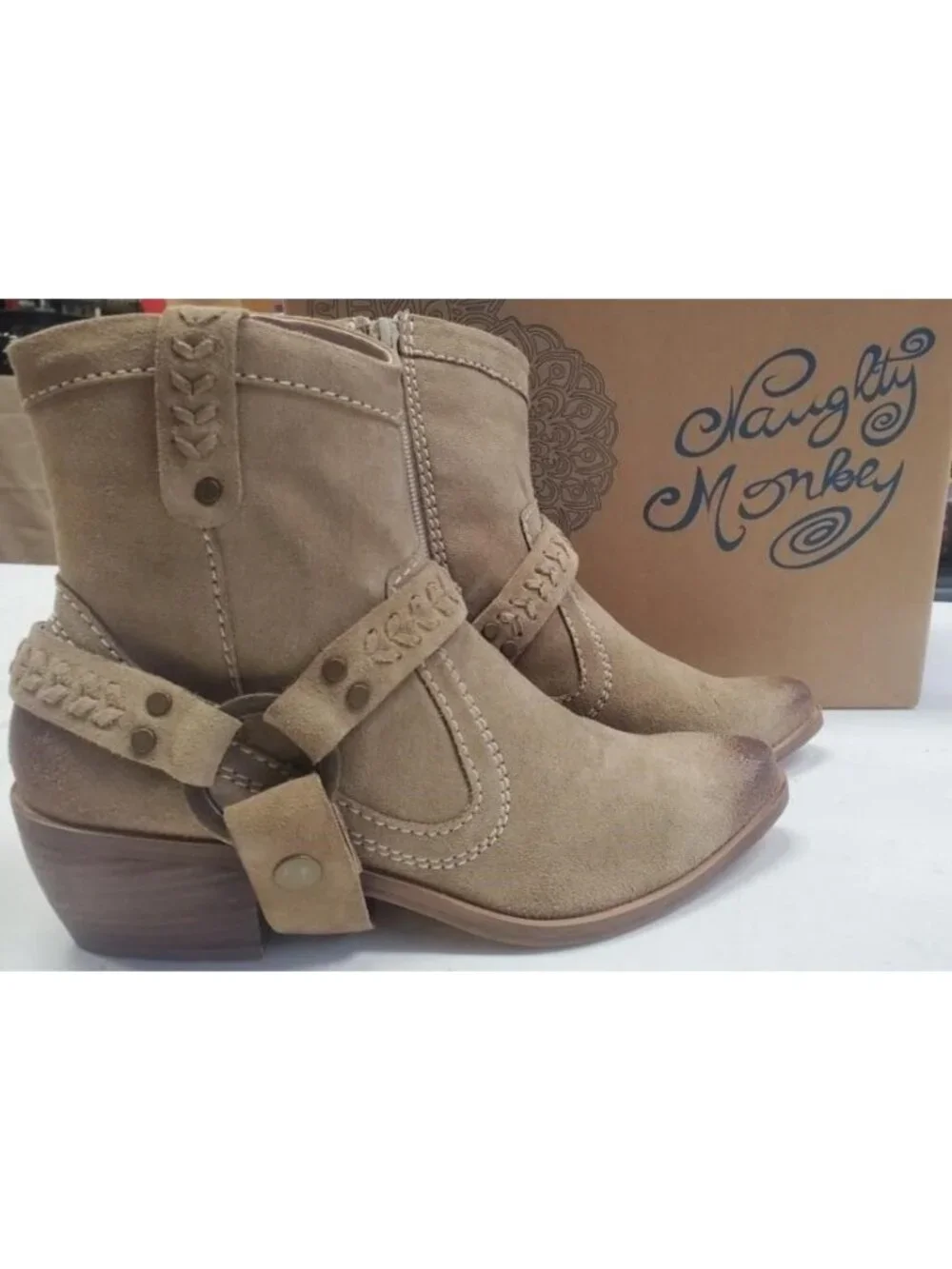 Naughty Monkey Etty Suede Buckle Embellished Boots Booties in Taupe size 6